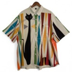 Men’s Retro Cat 60" Vibe Graphic Button-Down Short Sleeve Shirt-Size 3X